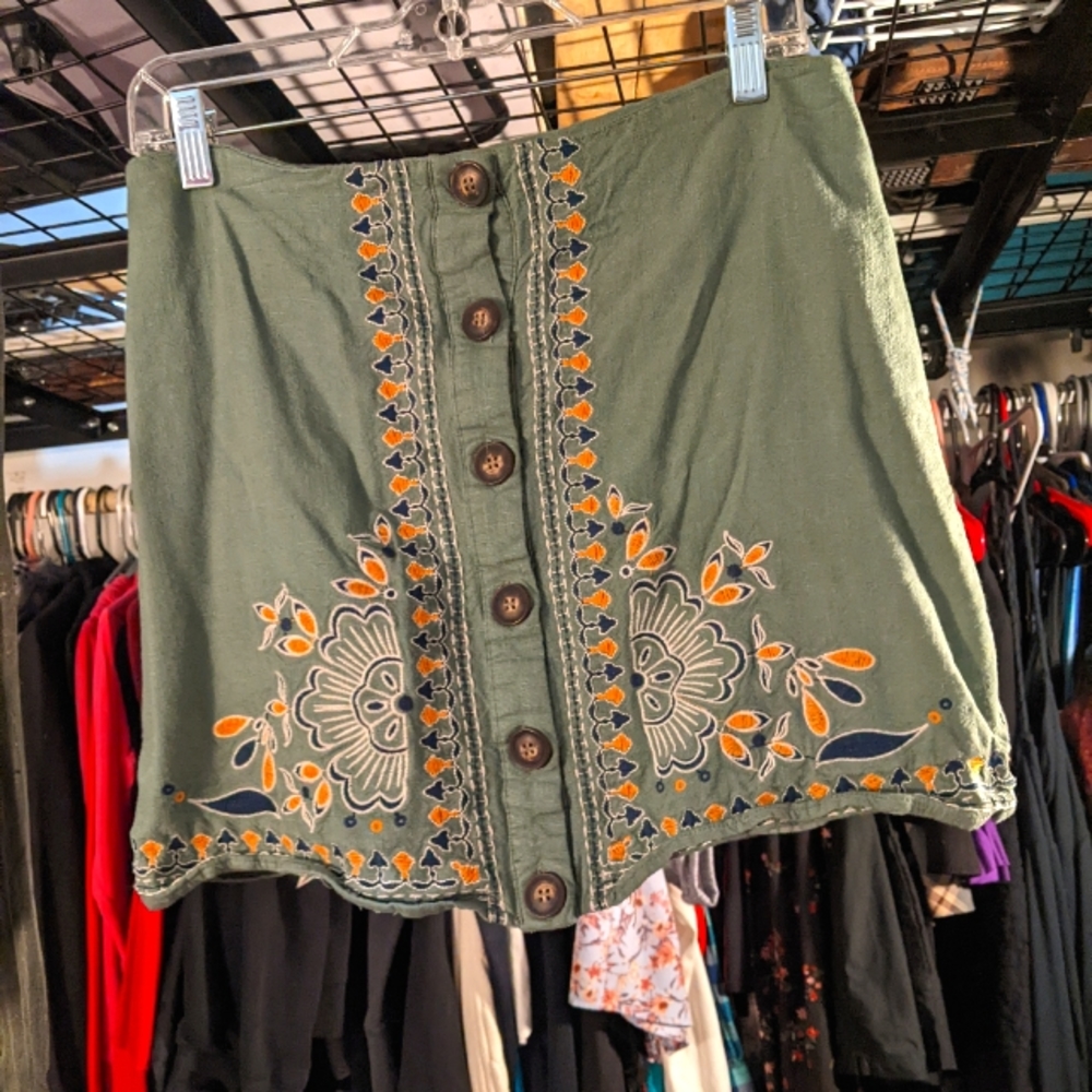 Blue Rain Olive Green Button Down Boho Mini Skirt